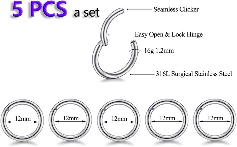 HQLA 5Pcs 16G 18G Surgical Steel Nose Rings Hoop Tragus Septum Cartilage Hoop Earrings For Women Men Body Piercing Jewelry Kit Bar Length 6mm/8mm/10mm/12mm/14mm - Image 1